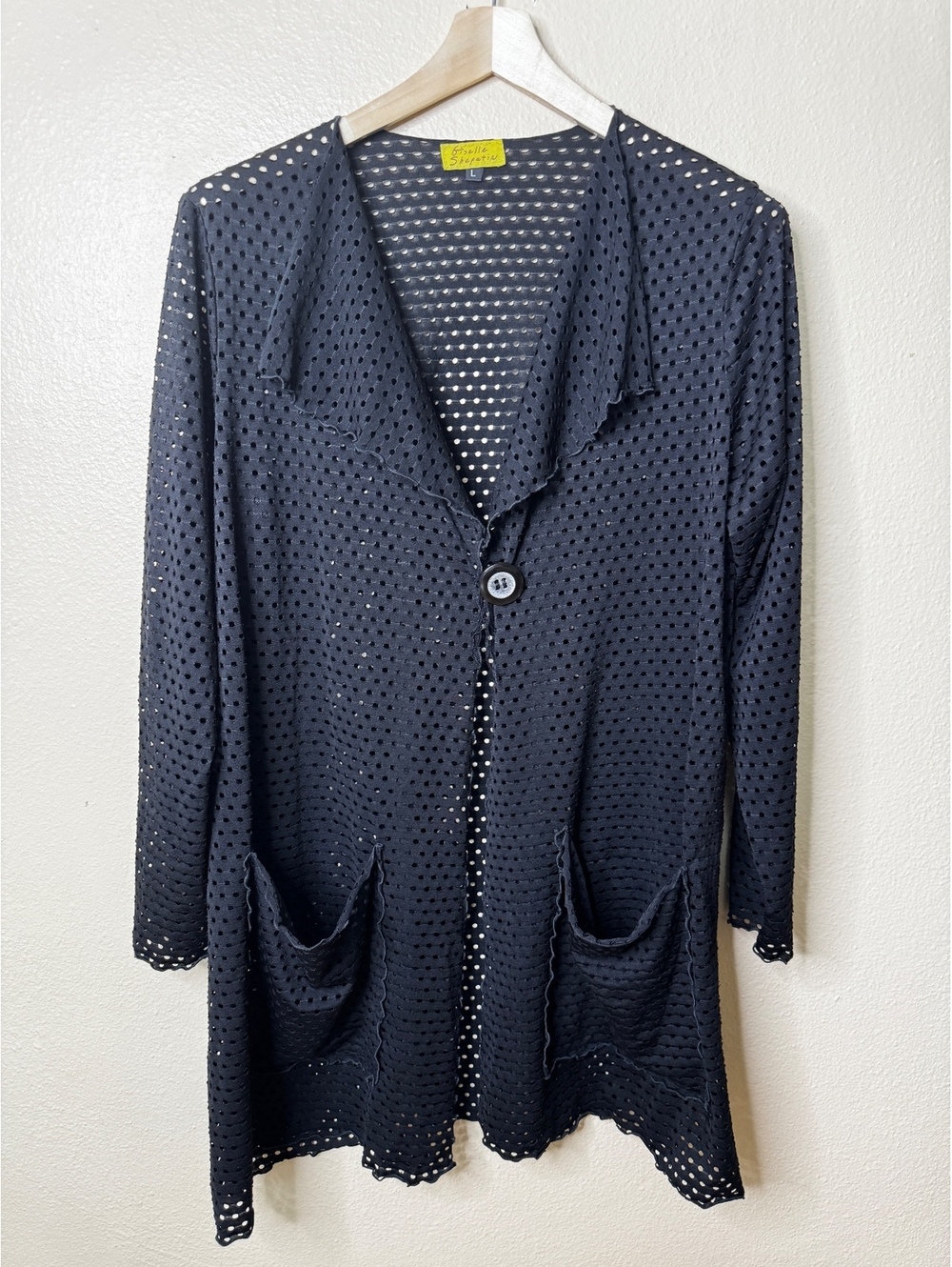 Giselle Shepatin Womens L Mesh Jacket Cardigan One Button Patch Pockets
